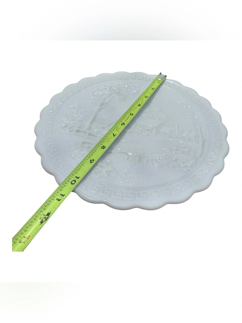 Vintage Milk Glass Scenic Cottage Relief Serving Platter Greek Key Oval Plate